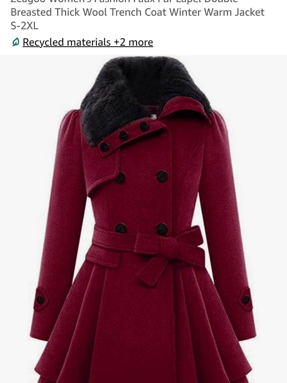 zeagoo Burgundy Double-Breasted Wool Pea Coat with Faux Fur Collar